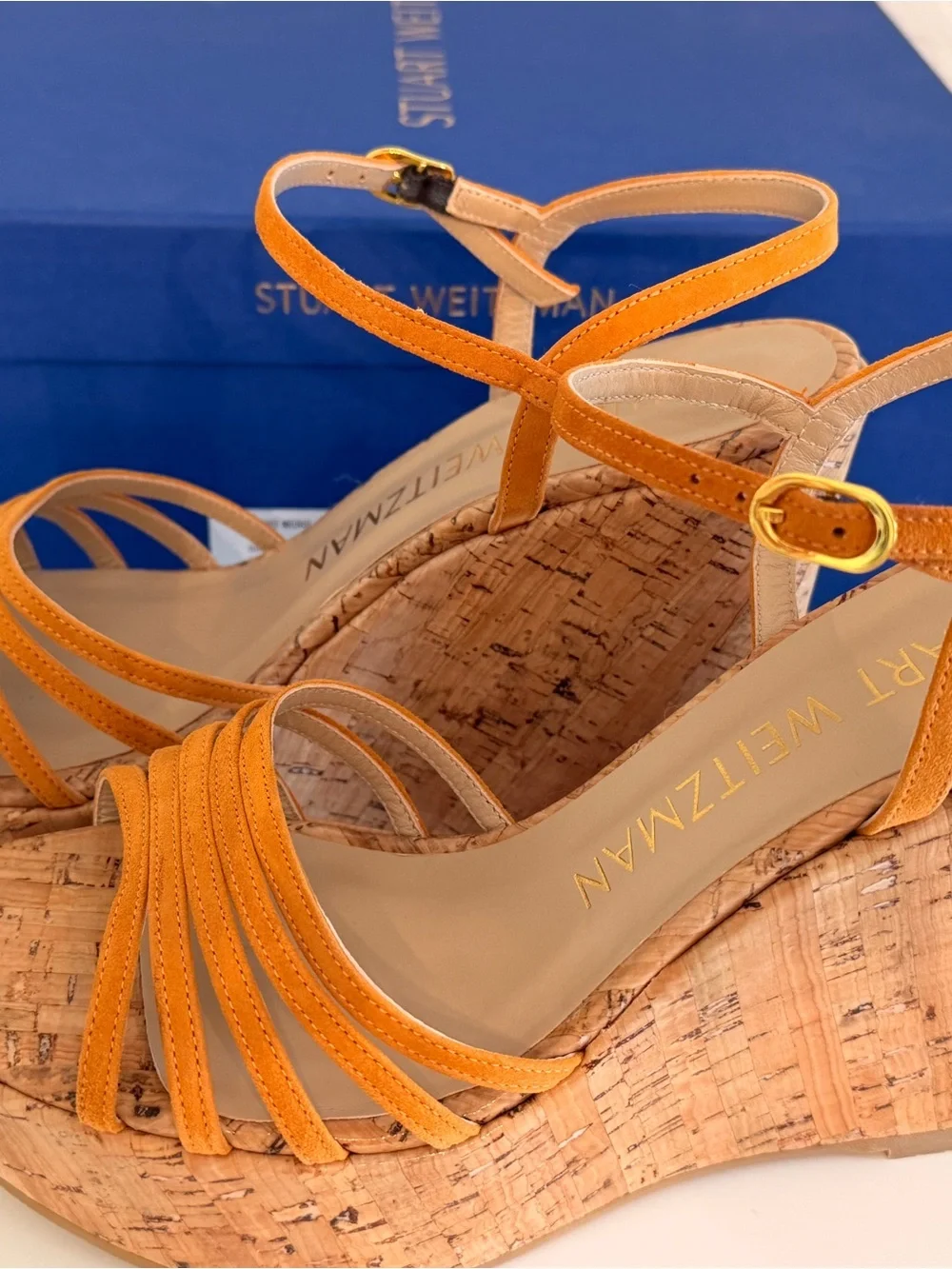 Stuart Weitzman Soiree Orange Suede Cork Wedge Sandals